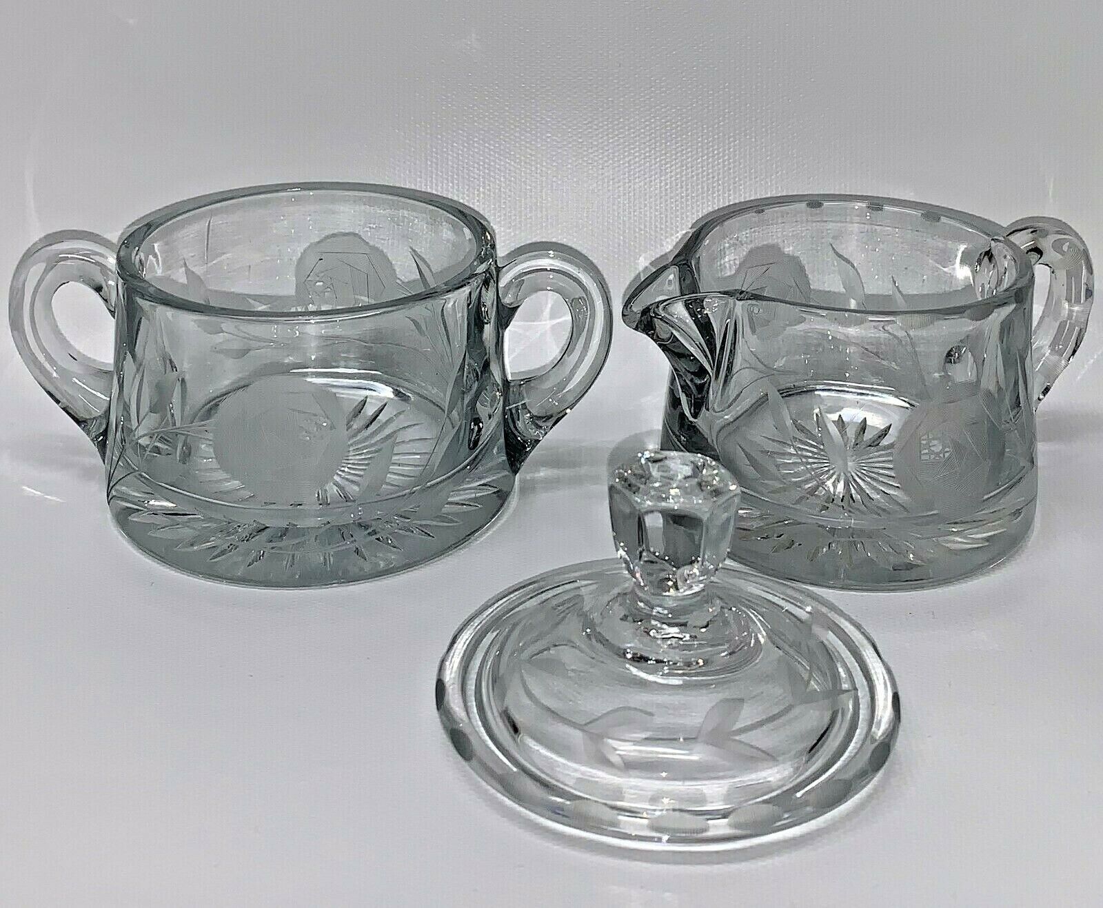 Heisey antique glassware Creamer & Double handled Sugar Bowl w/lid set floral  HEISEY - фотография #4