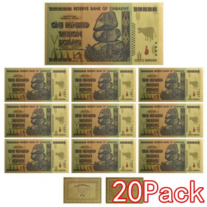 20 Pieces Zimbabwe 100 Trillion Dollar Note Golden Foil Banknote Collection Без бренда