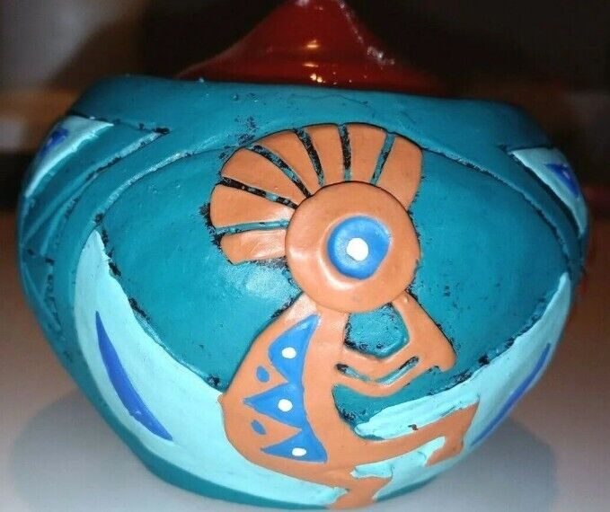 Sandy Whitefeather Kokopelli Clay Candle Holder With Red Candle NEW Blue Brown Без бренда