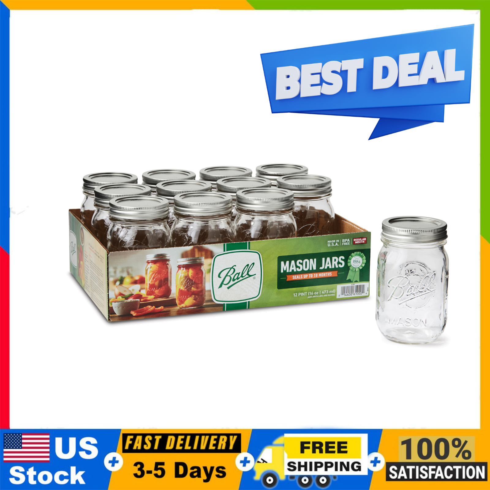 Regular Mouth 16oz Pint Mason Jars with Lids & Bands, 12 Count BALL 67000