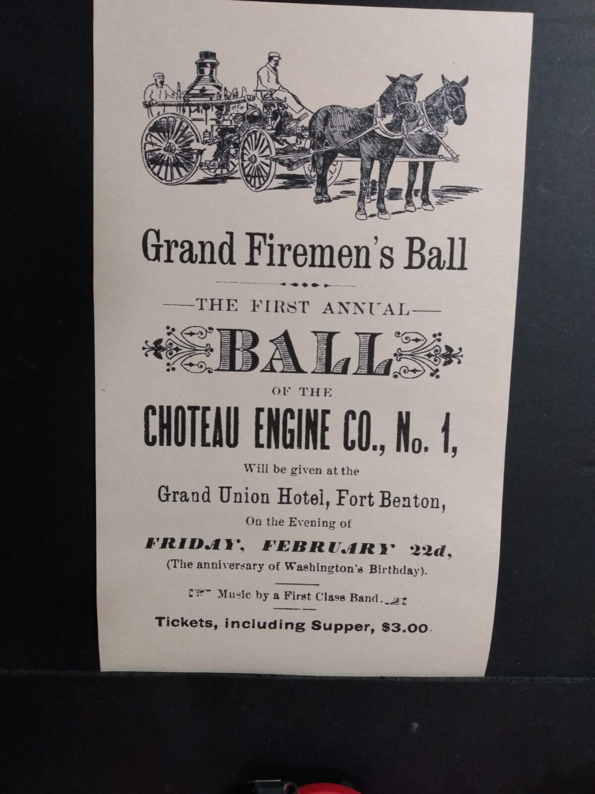 FORT BENTON MONTANA TERRITORY ADVERTISING 1880s Fire Engine Firemen's Ball  Без бренда