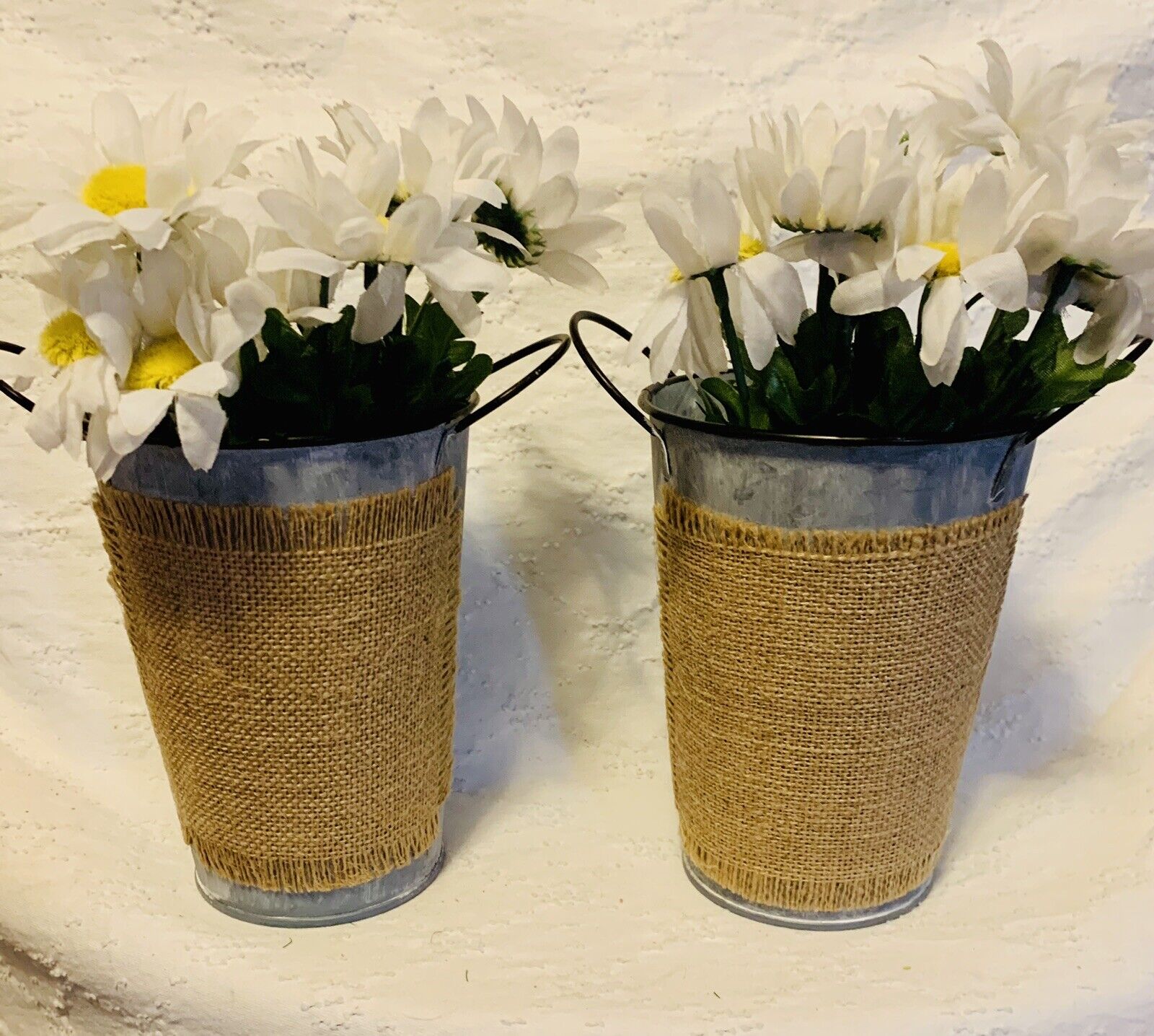 Set of 2 Darice CW12M1673A Planter Metal with Burlap Label 6 1/2" tall  Darice Does Not Apply