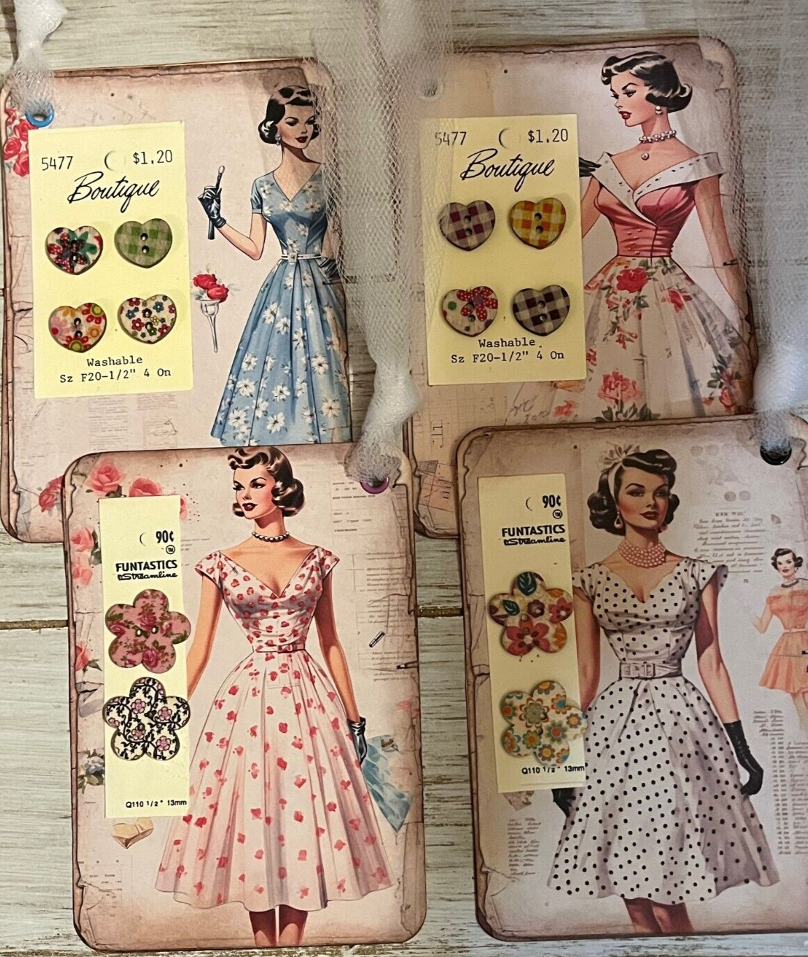 4 Handmade Embellishments Tags Junk Journal Ephemera Cards Sewing Buttons Без бренда