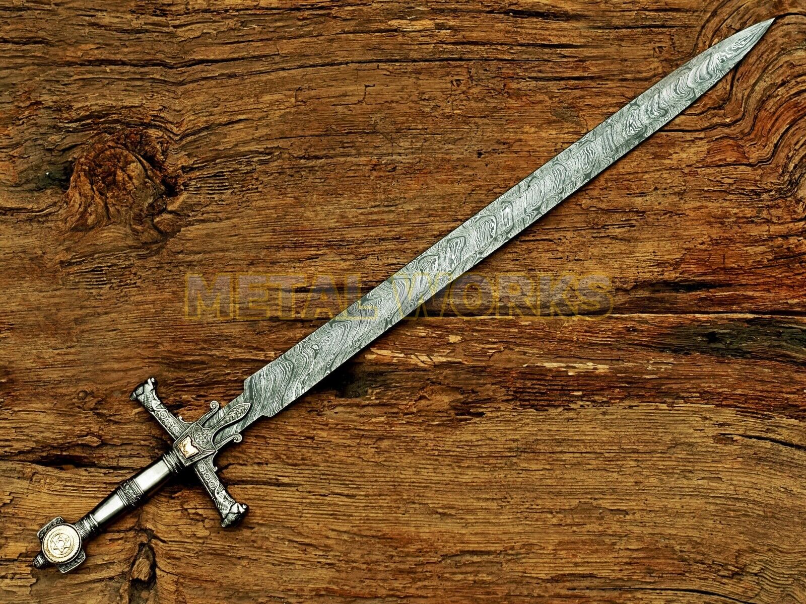Damascus Steel King Solomon Crusader Sword w/LeatherSheath(Star of David Pommel) Без бренда - фотография #5