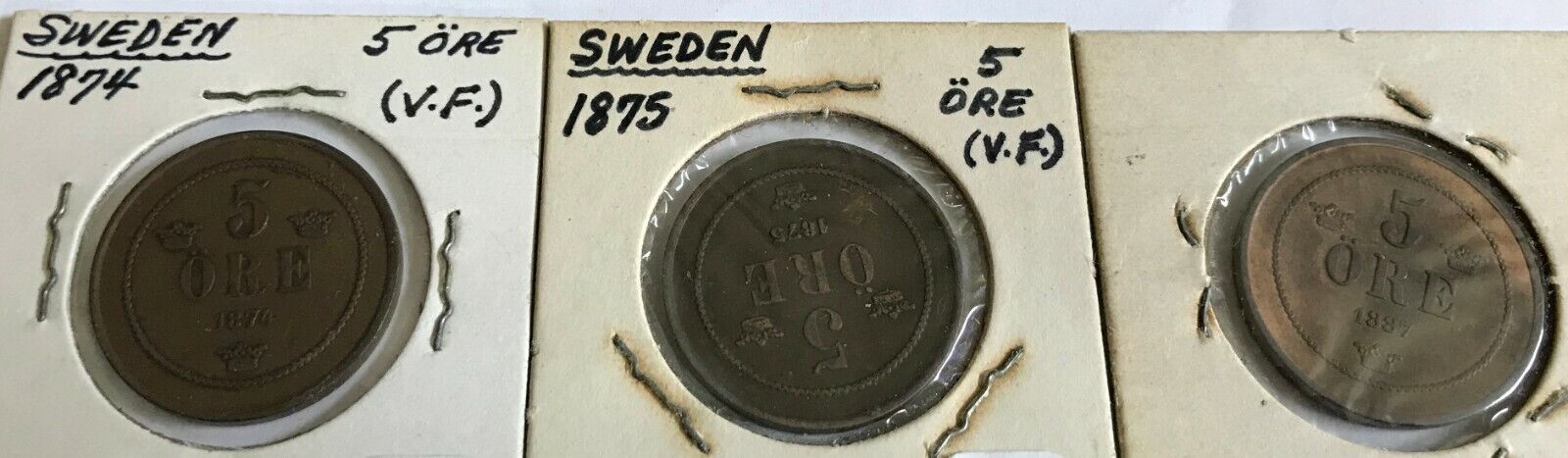 Sweden - lot of 3 coins - 5 ore - 1874 VF, 1875 VF, 1887 EF - KM 736 Без бренда - фотография #3