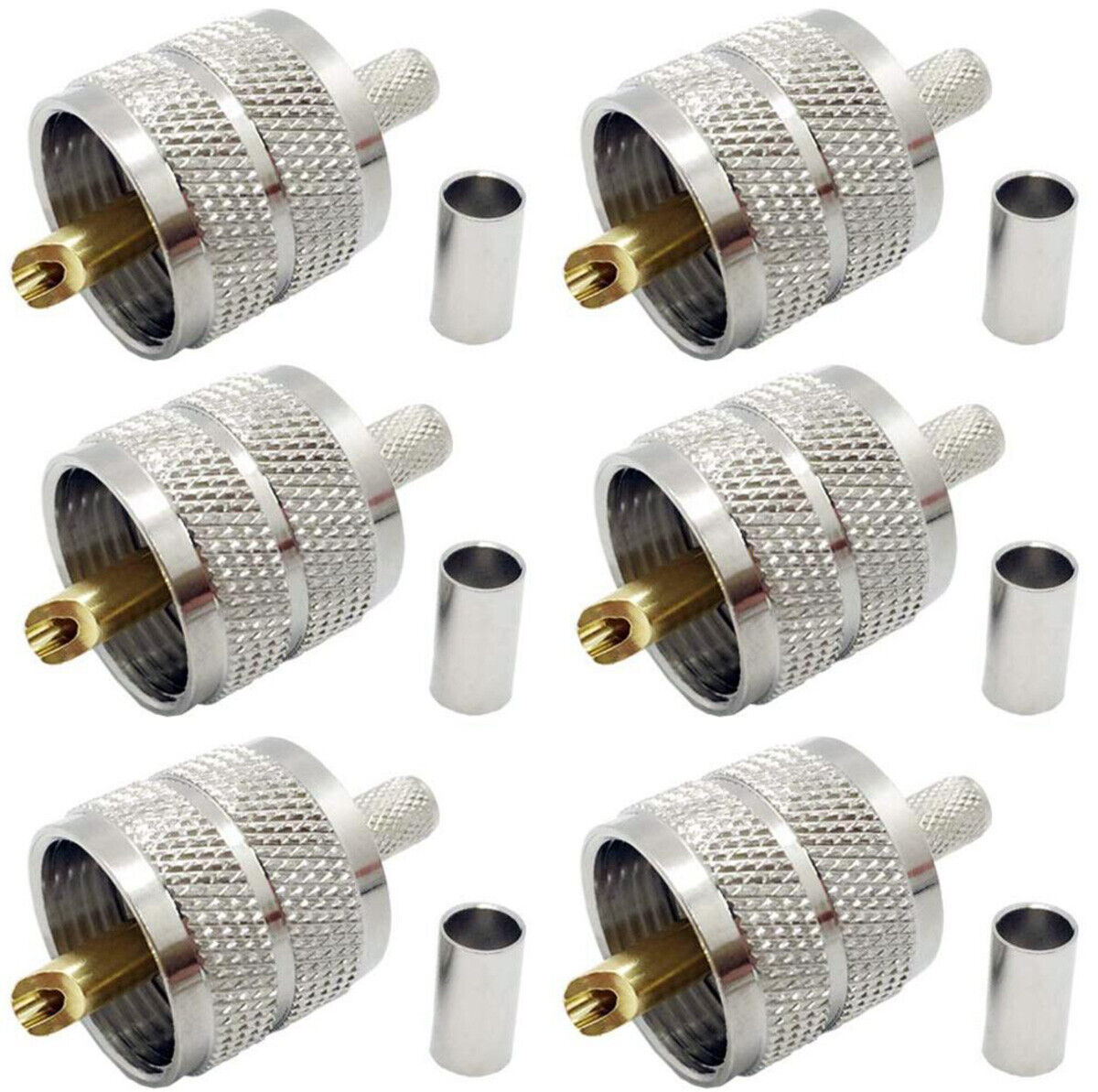 6X RG-8X, LMR-240 Crimp-On UHF Male PL-259 Connector Nickel Plated Coaxial 6pcs WIREDCO UHF-03Z-TSS IP