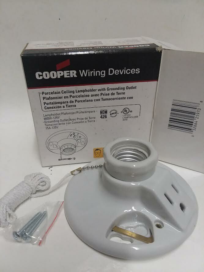 Cooper # 667 Ceiling Lamp Holder, Porcelain White with grounding Outlet lot of 3 Cooper Wiring 667-SP