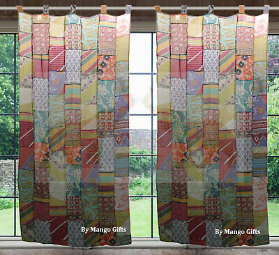 Indian Old Sari Patchwork Curtain Door Drape Boho Decor Cotton Multi Kantha Pair Decor Does Not Apply