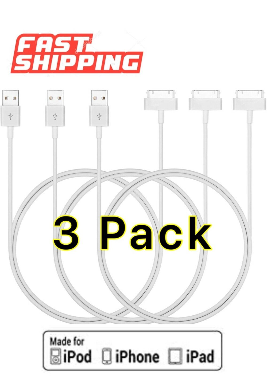 3Pack 30 pin USB Charging Data/Sync Cable Cord for iPad 1/2/3 iPod Nano 1-6 easybuystation Does Not Apply