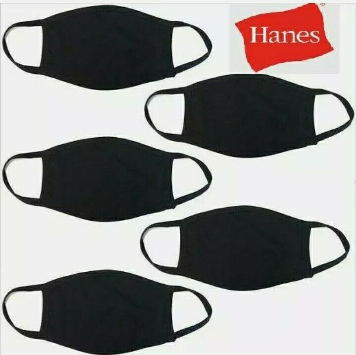 RETAIL 5Pk (NOT A BAG!) Hanes BLACK 100% Cool Comfort Fabric Face Mask Reusable Hanes MASKN2