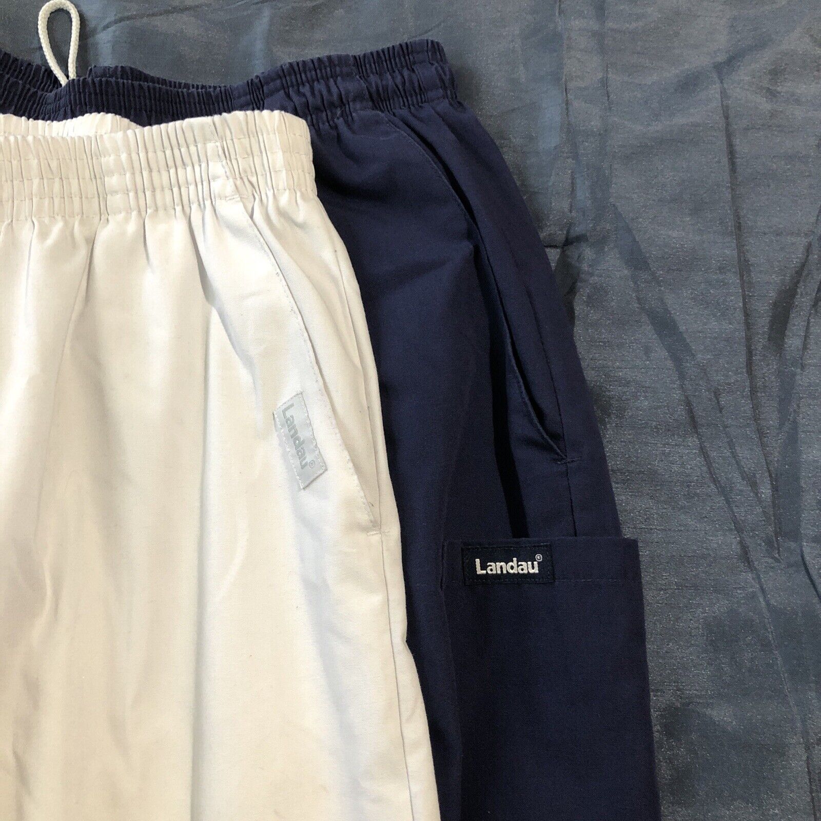 Lot of 2, Landau Women's Medical Scrub Pants Size XL, Elastic Waist White & Blue Landau