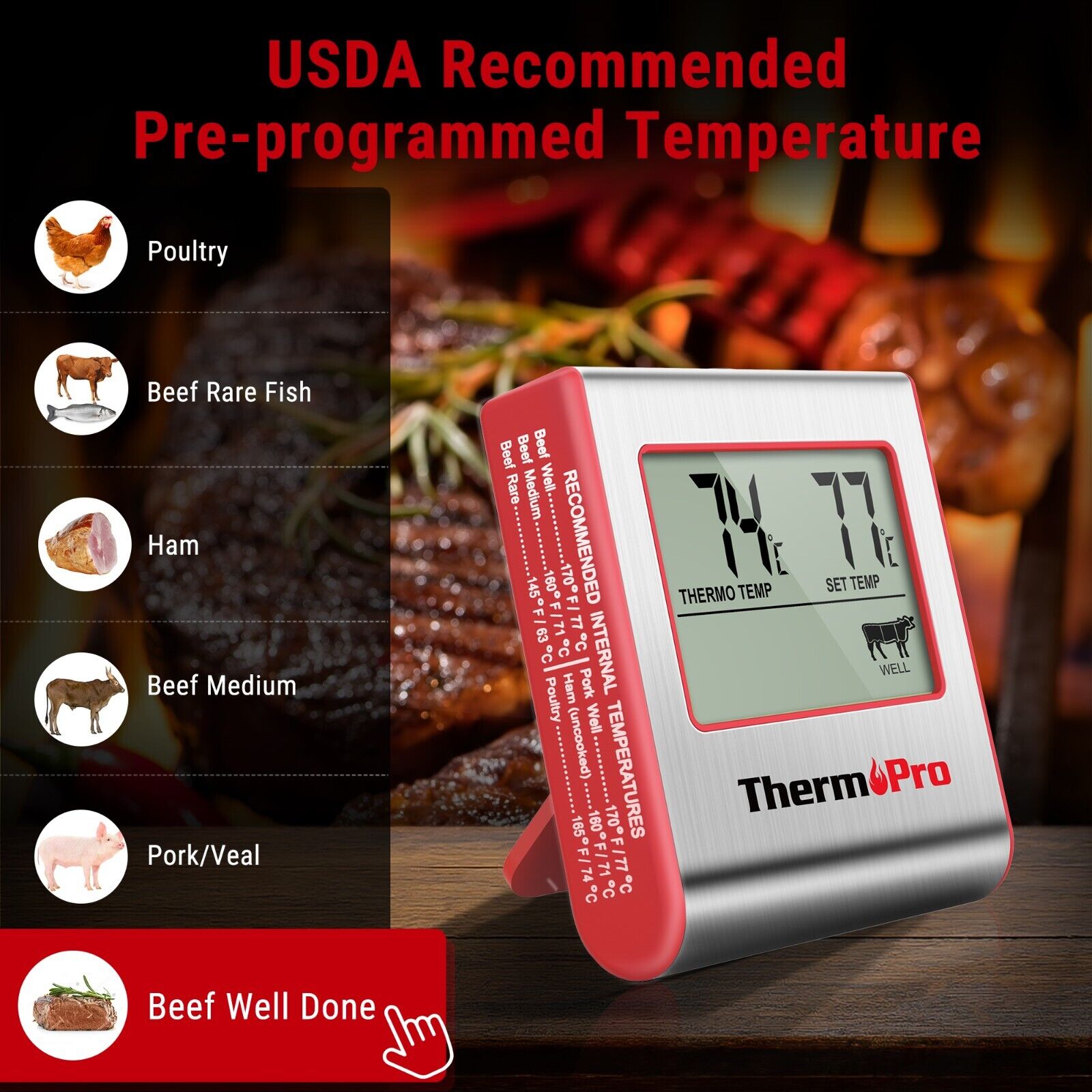 ThermoPro TP16W Digital Meat Thermometer for Cooking Smoker Oven, Large LCD ThermoPro TPP16W - фотография #4