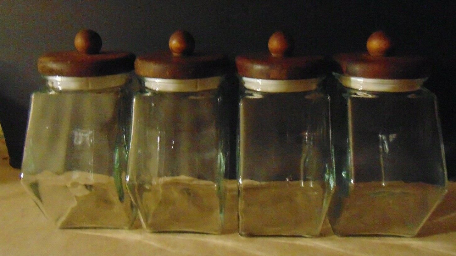 REDUCED Set of 4 glass canisters with wooden lid 8" high x 8" wide x 4" deep Unbranded n/a