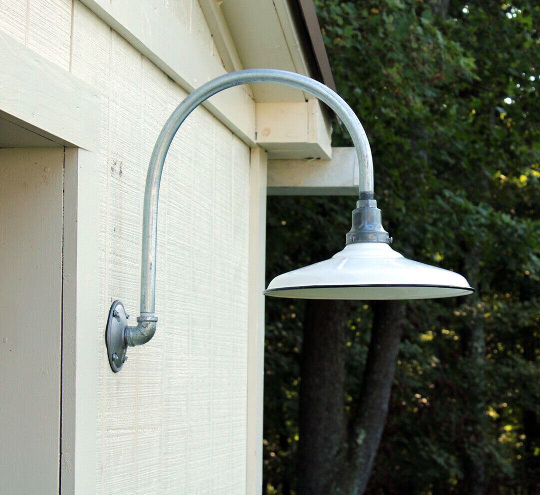 2  Vintage Barn Light Porcelain Enamel Industrial Lights  Gas Station Lights hand made galvanized conduit mounts