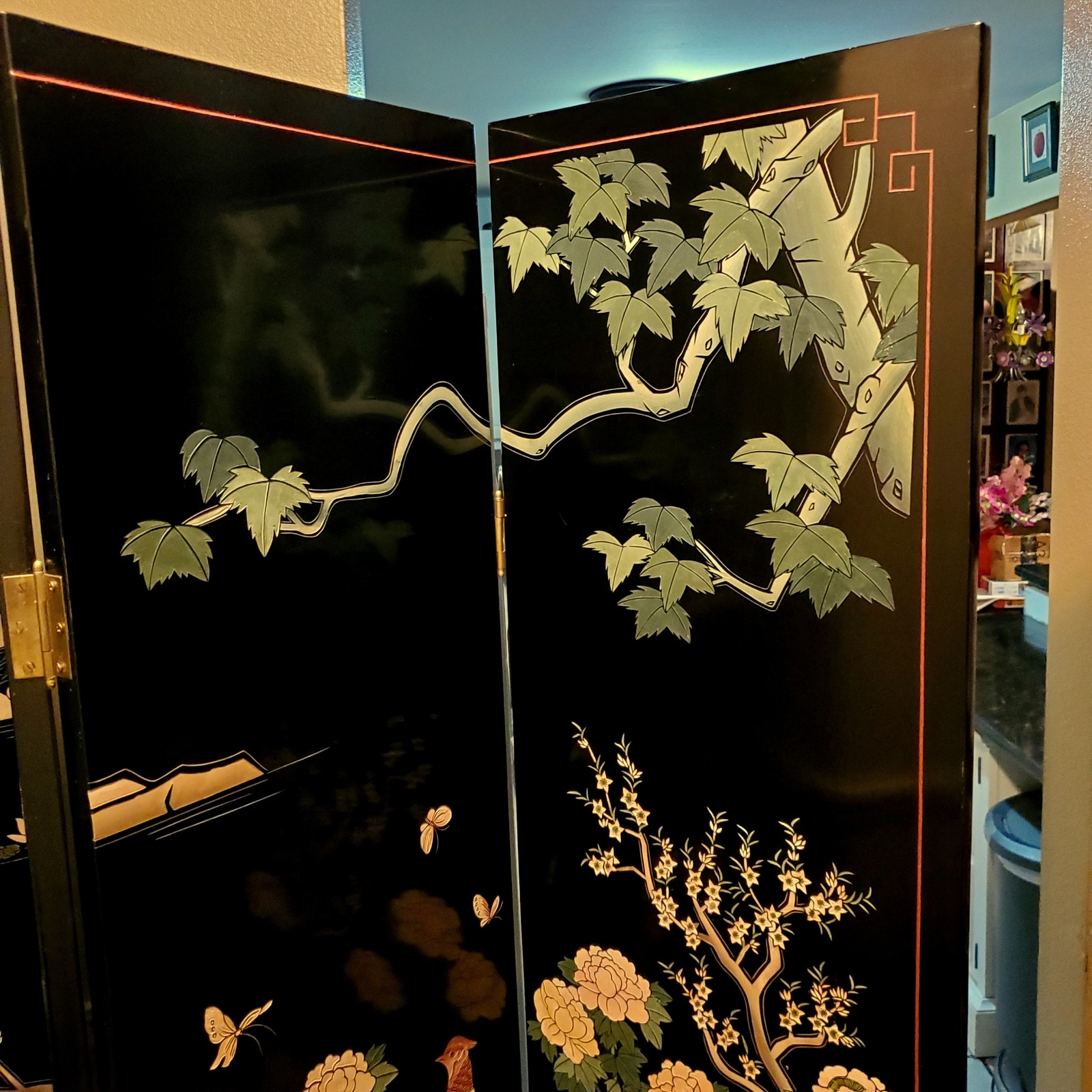 Vintage Wood Folding Room Divider Screen 4 Panel Black Lacquered Chinese Asian Unbranded - фотография #6