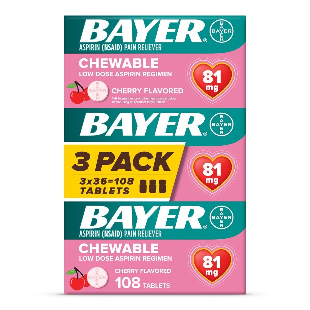 Bayer Chewable Low Dose Aspirin 81mg Cherry Flavored Tablet - 36 Count PACK OF 3 Bayer