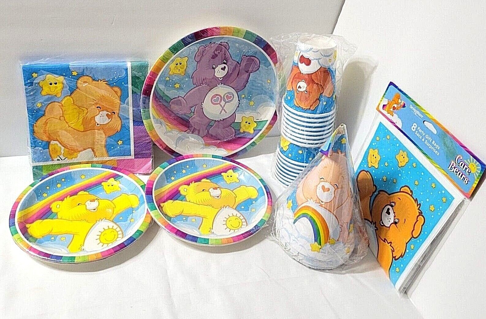 Care Bears Party Supplies Rainbow Colors 2 sz Plates Bags Cups Hats Napkins 2002 DesignWare / AMC Does Not Apply