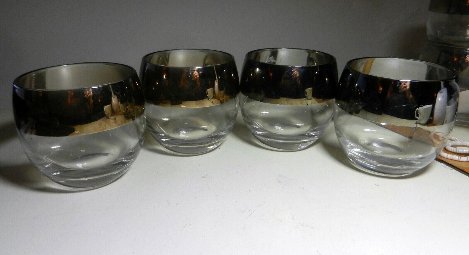 Vintage MCM Silver Dorothy Thorpe SET of 4-Handblown Roly Poly Glasses unmarked