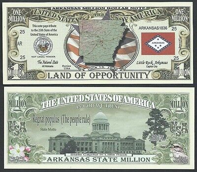 Lot of 100 Bills- ARKANSAS STATE MILLION DOLLAR BILL w MAP, SEAL, FLAG, CAPITOL  Без бренда