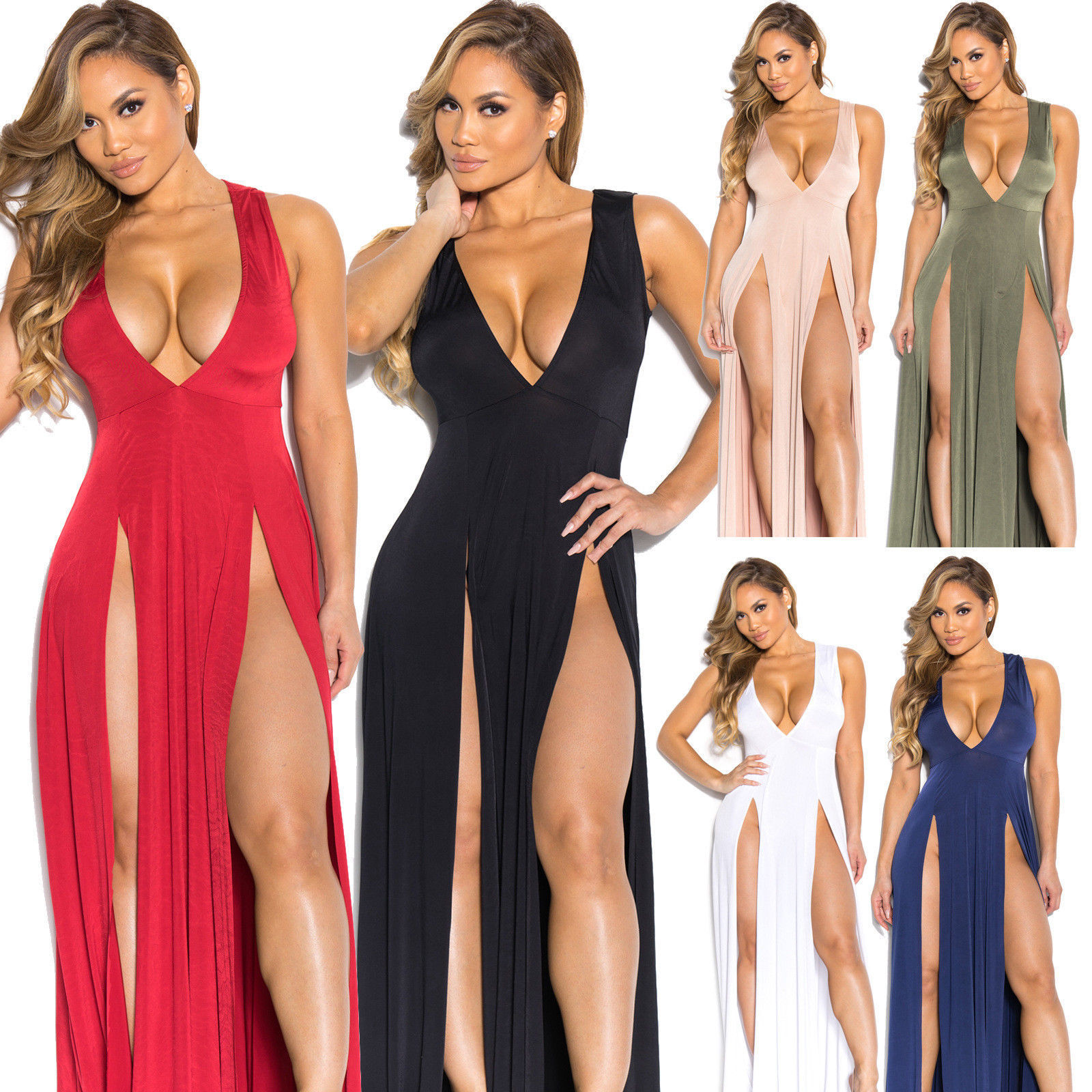 Sexy Women V Neck Low Cut Clubwear High Side Slit Cocktail Party Club Dress Unbranded Does Not Apply