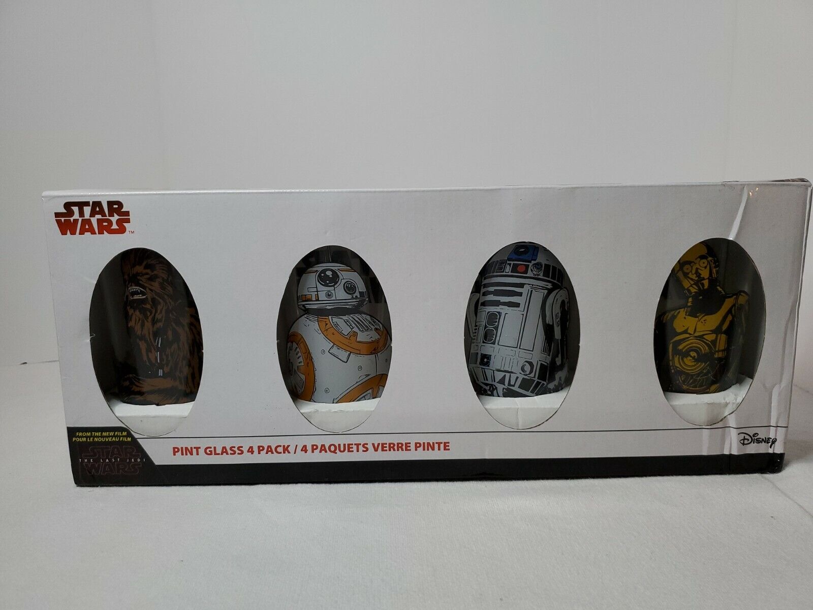 Star Wars Pint Glass Set Of (4) The Last Jedi -  Chewbacca, BB-8, R2D2, & C3PO Star Wars