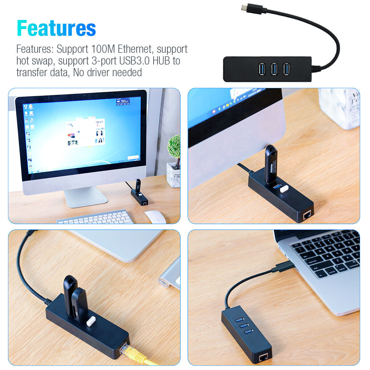 USB-C USB 3.1 Type-C Male to 3-Port USB 3.0 Hub & RJ45 Gigabit Ethernet Adapter Ombar Type-C Adapter - фотография #11