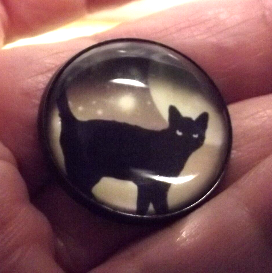 Crystal Dome Picture Button - Black Cat with Moon in Background (2414) Без бренда