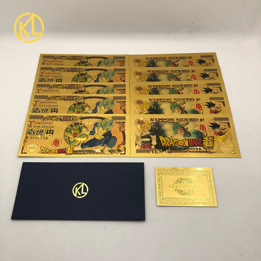 10pc Super Dragon Ball Z Vegeta Gold Money Bank note Bill Gold Plated Foil Carat Kelin