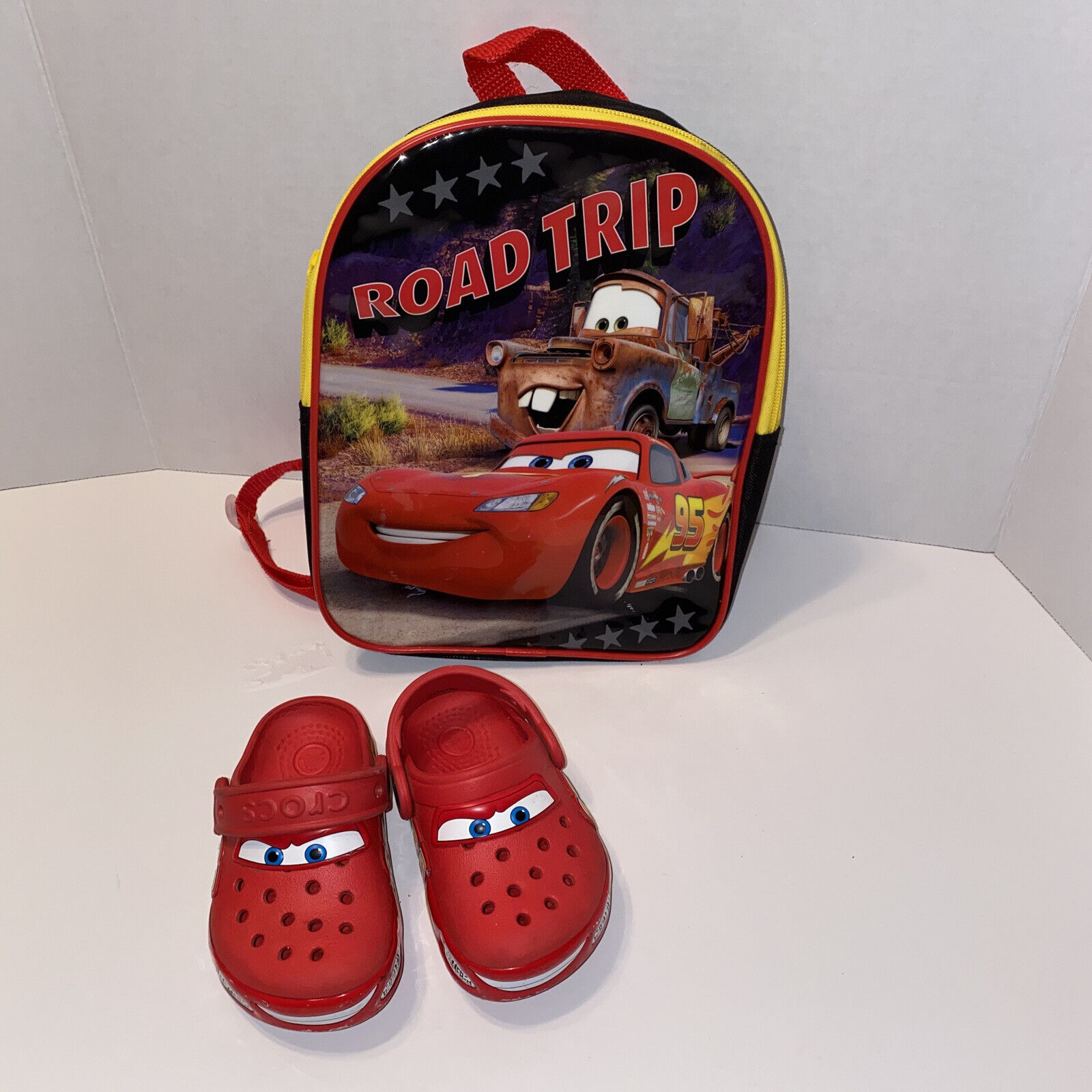 Lot of 2:1 Lightning McQueen light up Crocs Toddler Sz 6 Lim Ed, 1 Cars Backpack Crocs, Disney Pixar