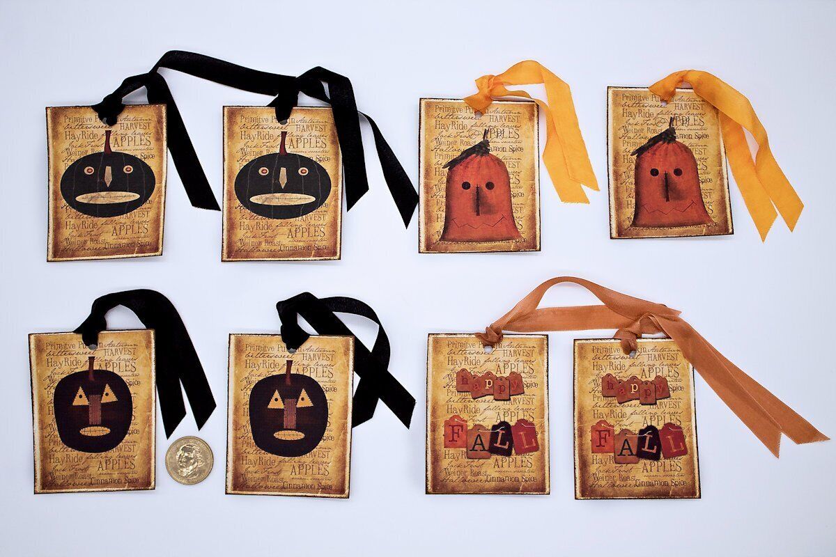 8~Primitive~Vintage~Fall~Autumn~Pumpkins~Linen Cardstock~Gift~Hang~Tags Без бренда