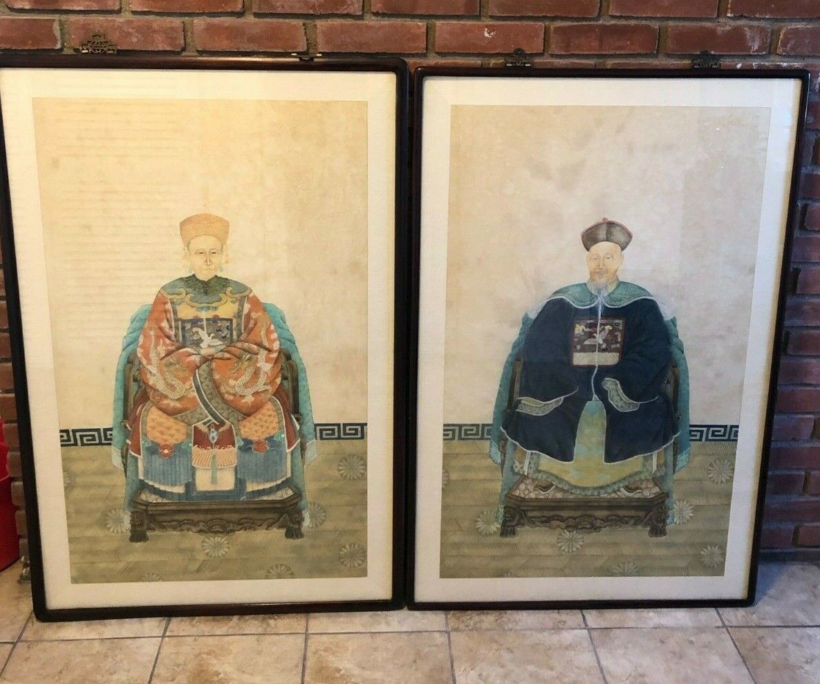 Matched Pair Chinese Ancestor Portraits Large 48"x32" Qing Dynasty 4 Claw Dragon Без бренда