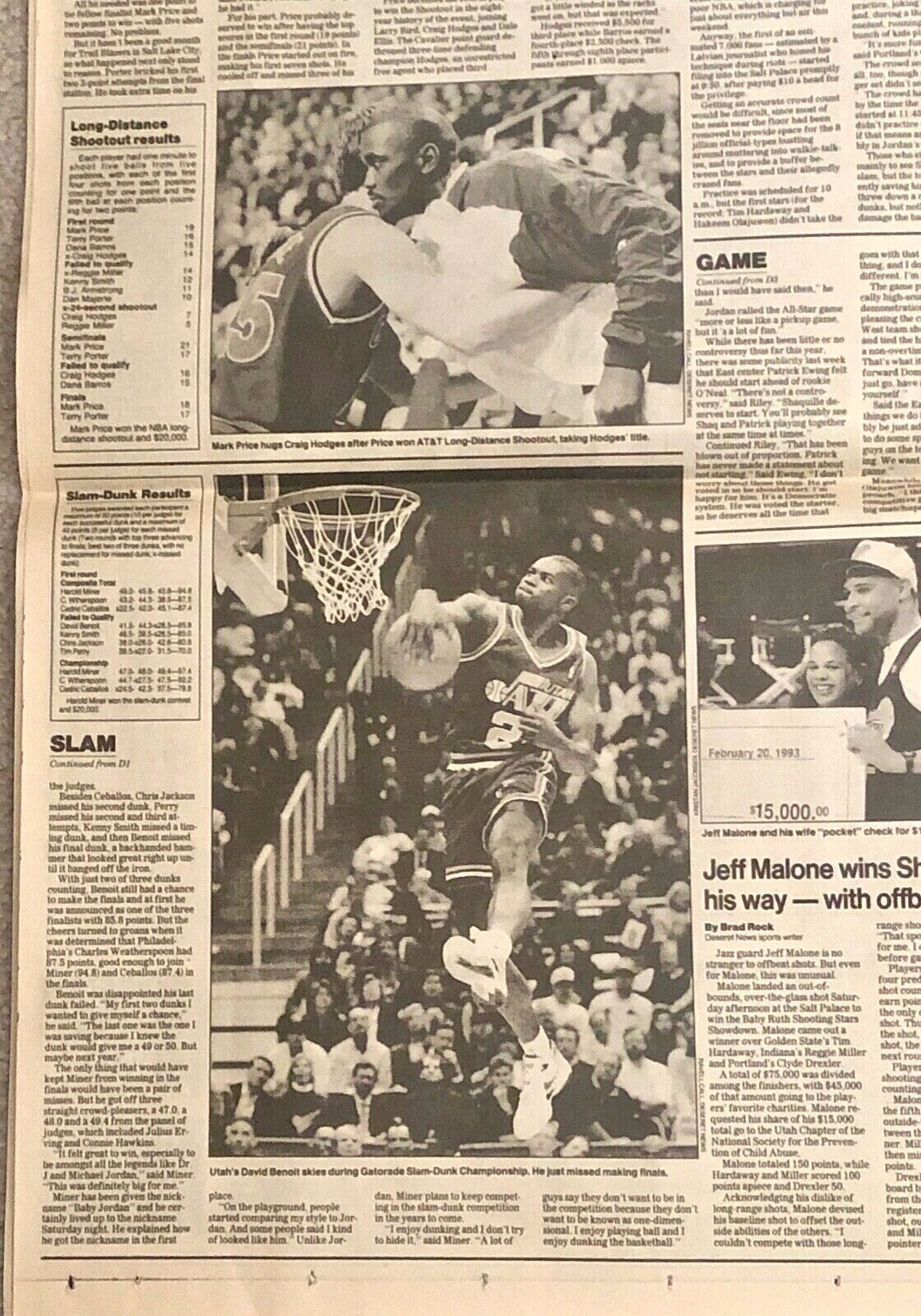 HAROLD MINER "BABY JORDAN" WINS 1993 NBA SLAM DUNK TITLE- UTAH NEWSPAPERS (2) Deseret News + Salt Lake Tribune - фотография #4