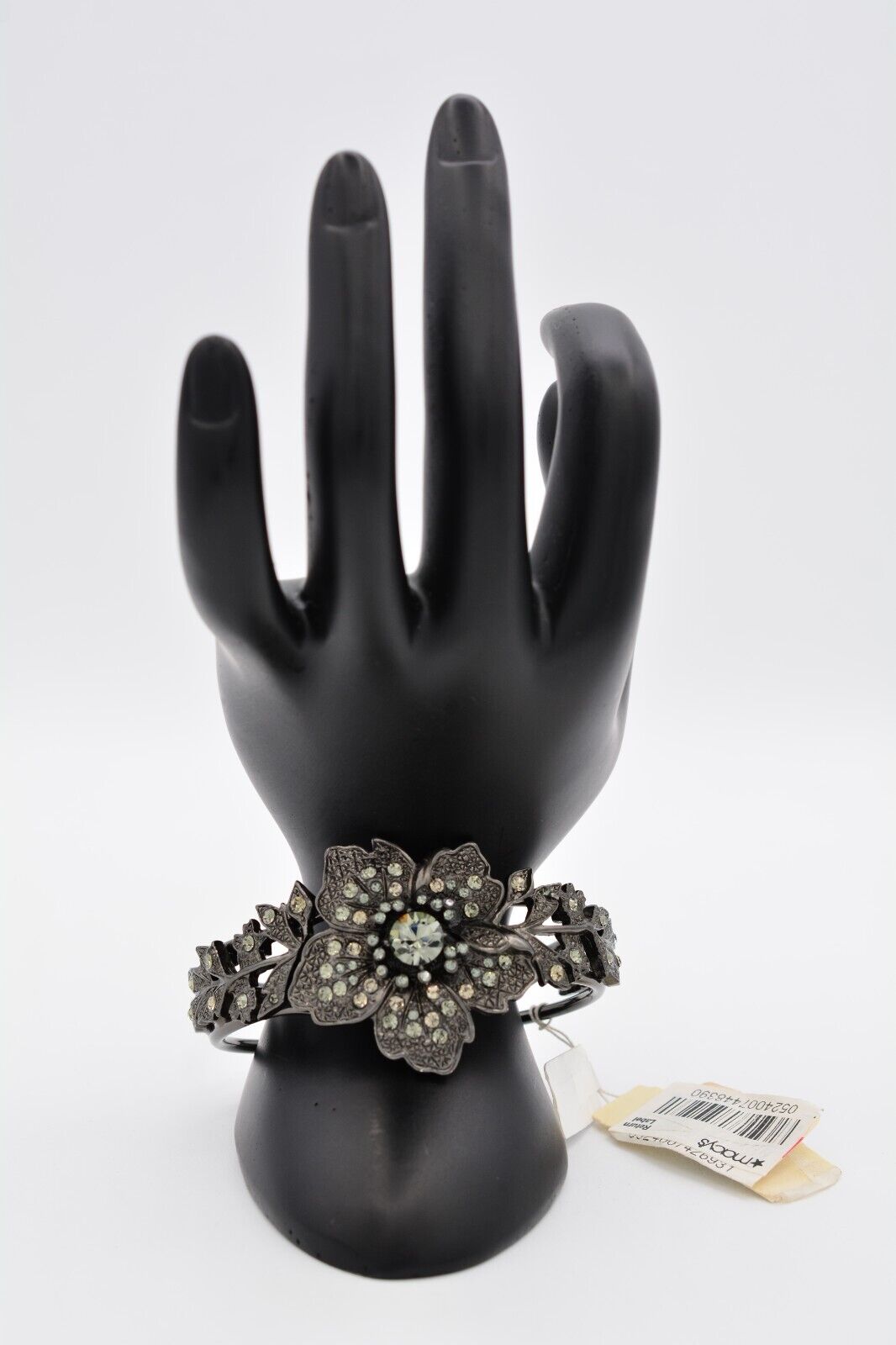 1928 Vintage Bangle Bracelet Gunmetal Crystal Flower Gold Hinged Shiny NOS Bin4 1928 - фотография #6