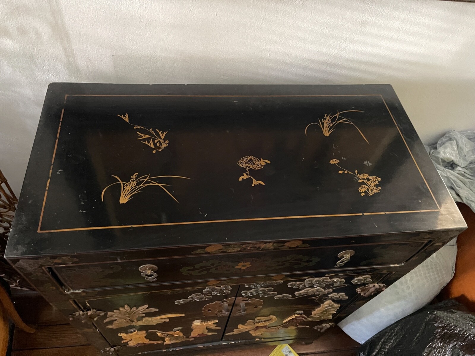 30" Antique 3D Oriental Chinese Furniture Black Lacquer Corner Cabinet Landscape Без бренда - фотография #6