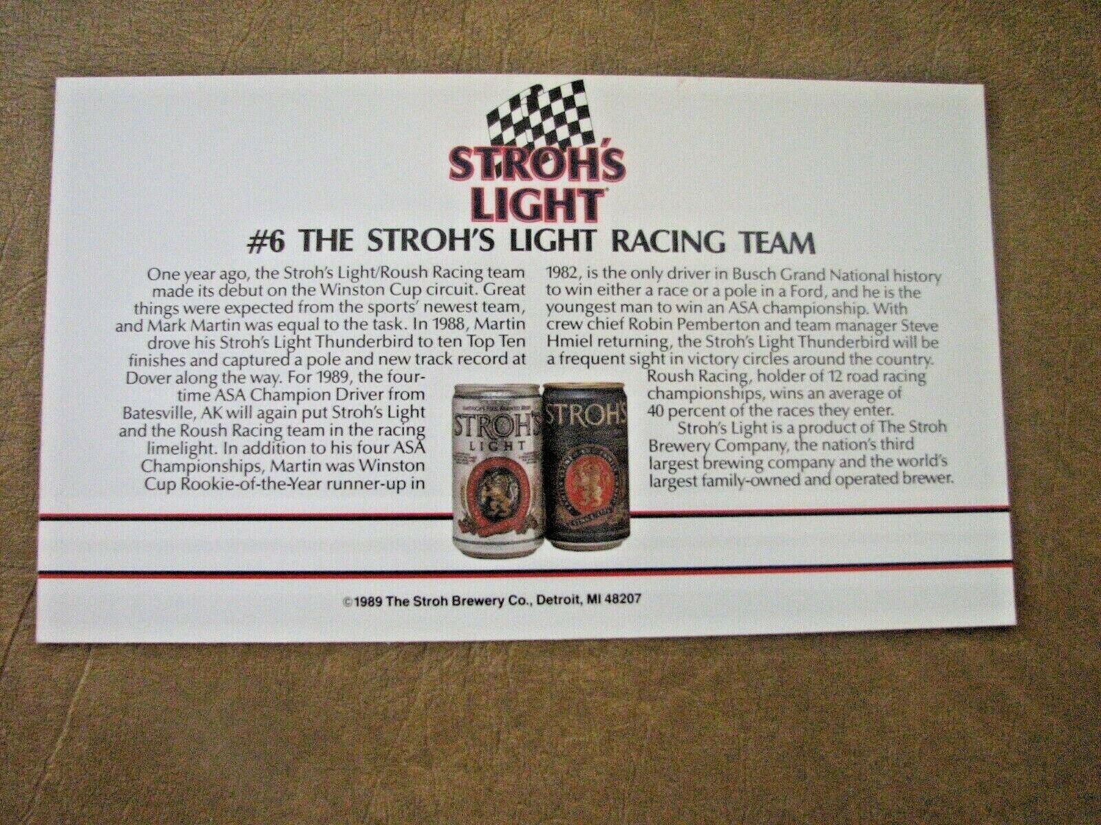 1989 Stroh's Mark Martin #6 Racing Team Photo Card 2 Sided (6 ea in a set) $5.00 Без бренда - фотография #8
