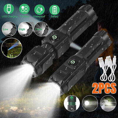 2Pcs LED Tactical Flashlight USB Rechargeable Super Bright Zoomable Torch Lamp Wowpartspro Does Not Apply