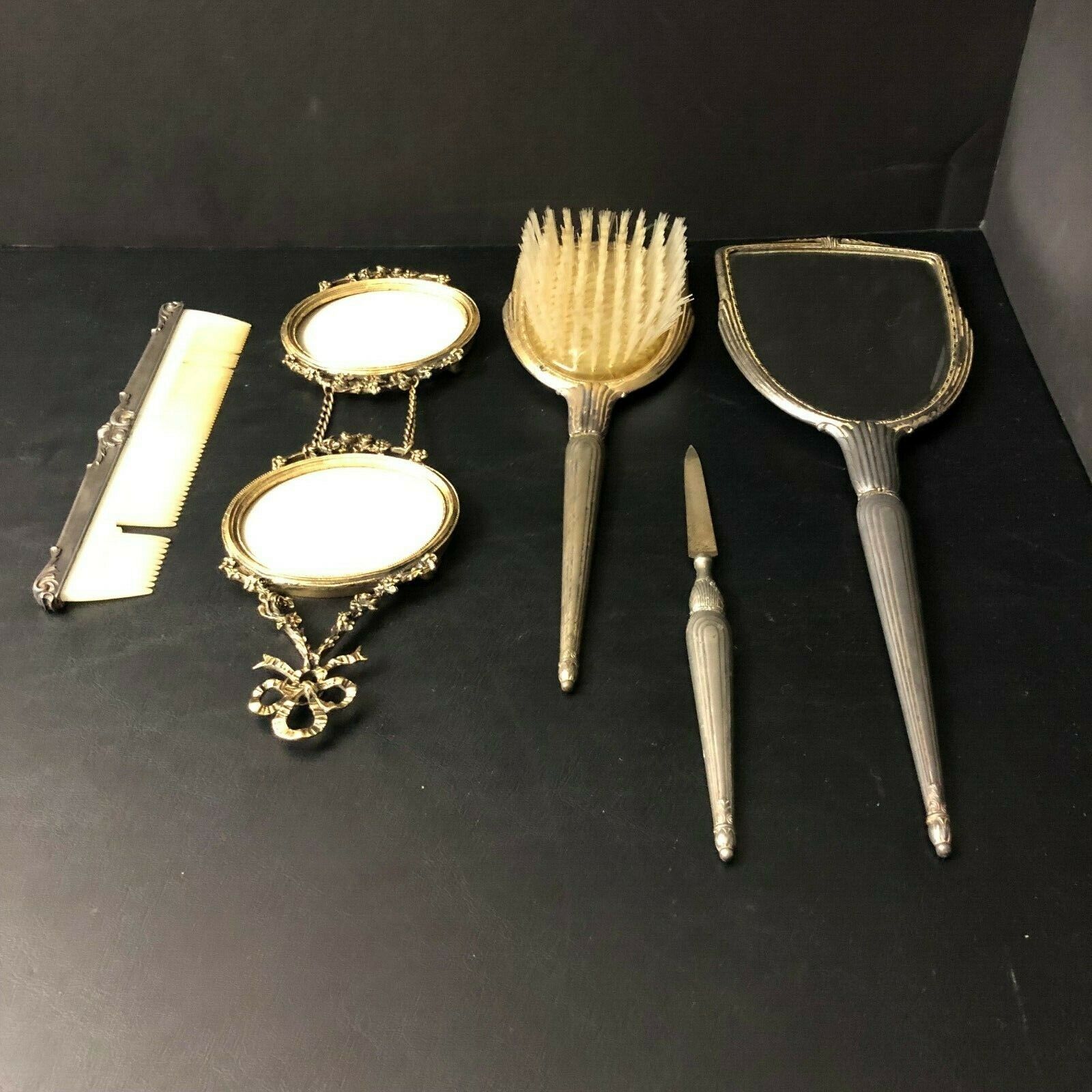 Vintage Vanity Set | Hand Mirror, Brush, Comb, Nail File & Picture Locket Без бренда