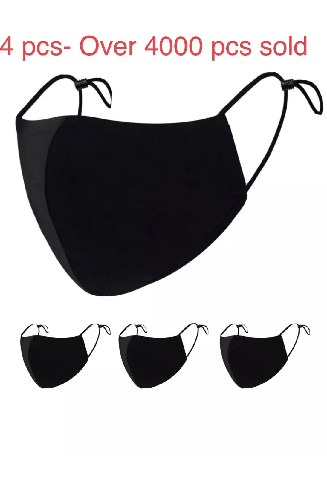 4 Face Masks Black Cotton Reusable Adult Mask Adjustable Elastic Loops Washable  ATKCITYSHOP