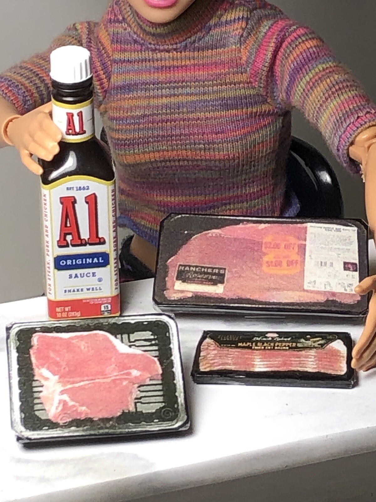 4pc BARBIE Doll FOOD Lot A1 STEAK Sauce 🥩  Bacon Little Kitchen Meat 1:6 SCALE Unbranded - фотография #4