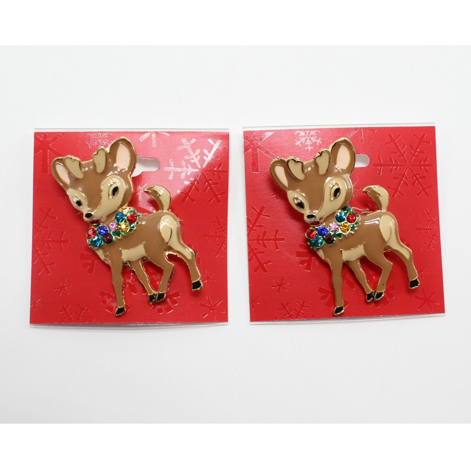 Two New Christmas Holiday Reindeer Brooch Pins with Rhinestones Holiday Traditions