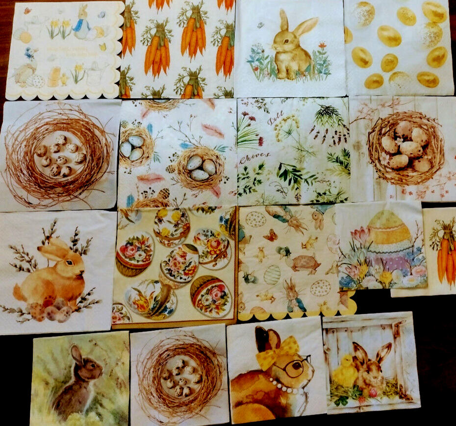 17 EASTER RABBITS EGGS FLORALS GARDEN ~ LOT SET MIXED Paper Napkins ~ Decoupage Без бренда