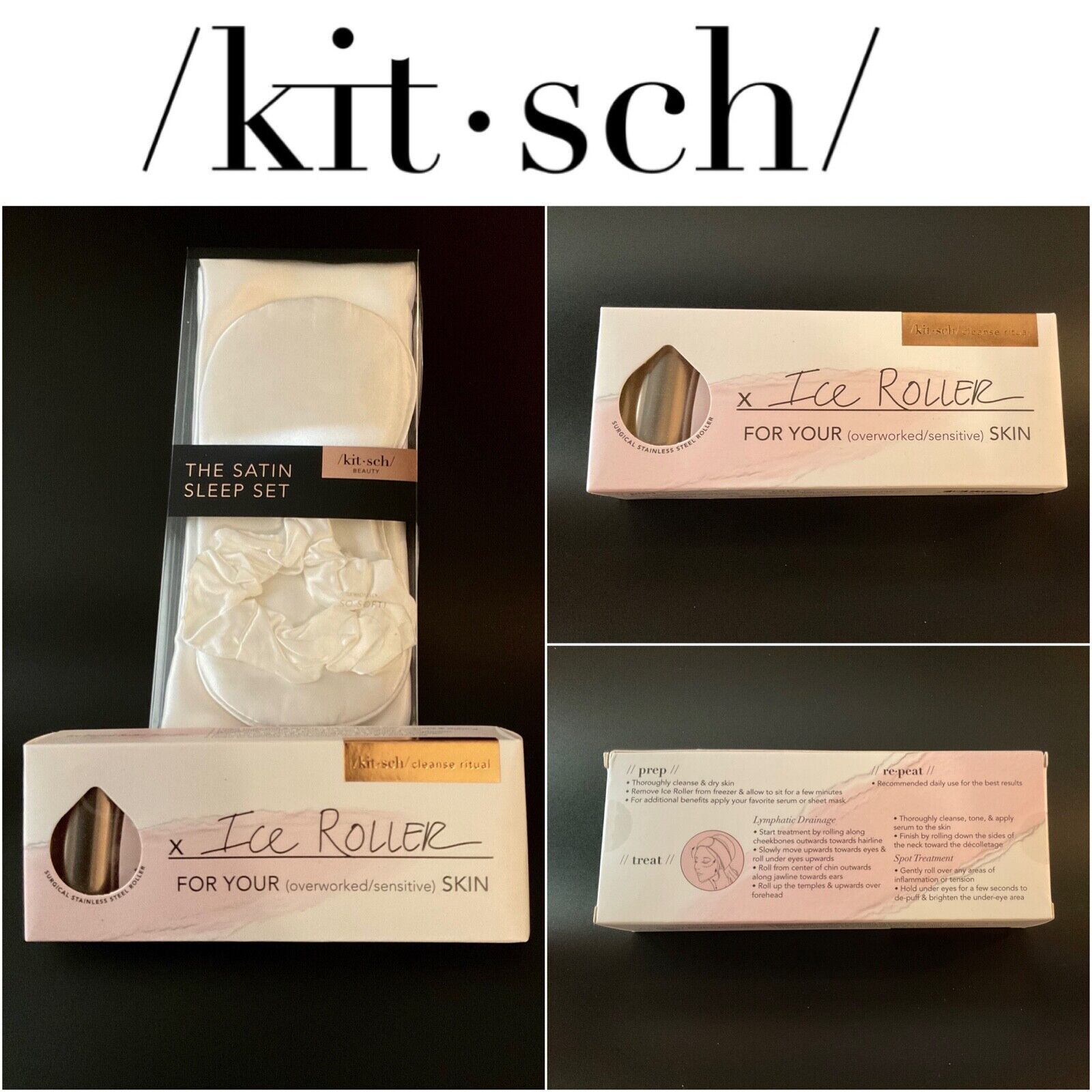 NIB Kit-sch Ivory Satin Sleep Set & Kit-sch Ice Roller • MSRP $54 • Pure Luxury Kitsch Does Not Apply