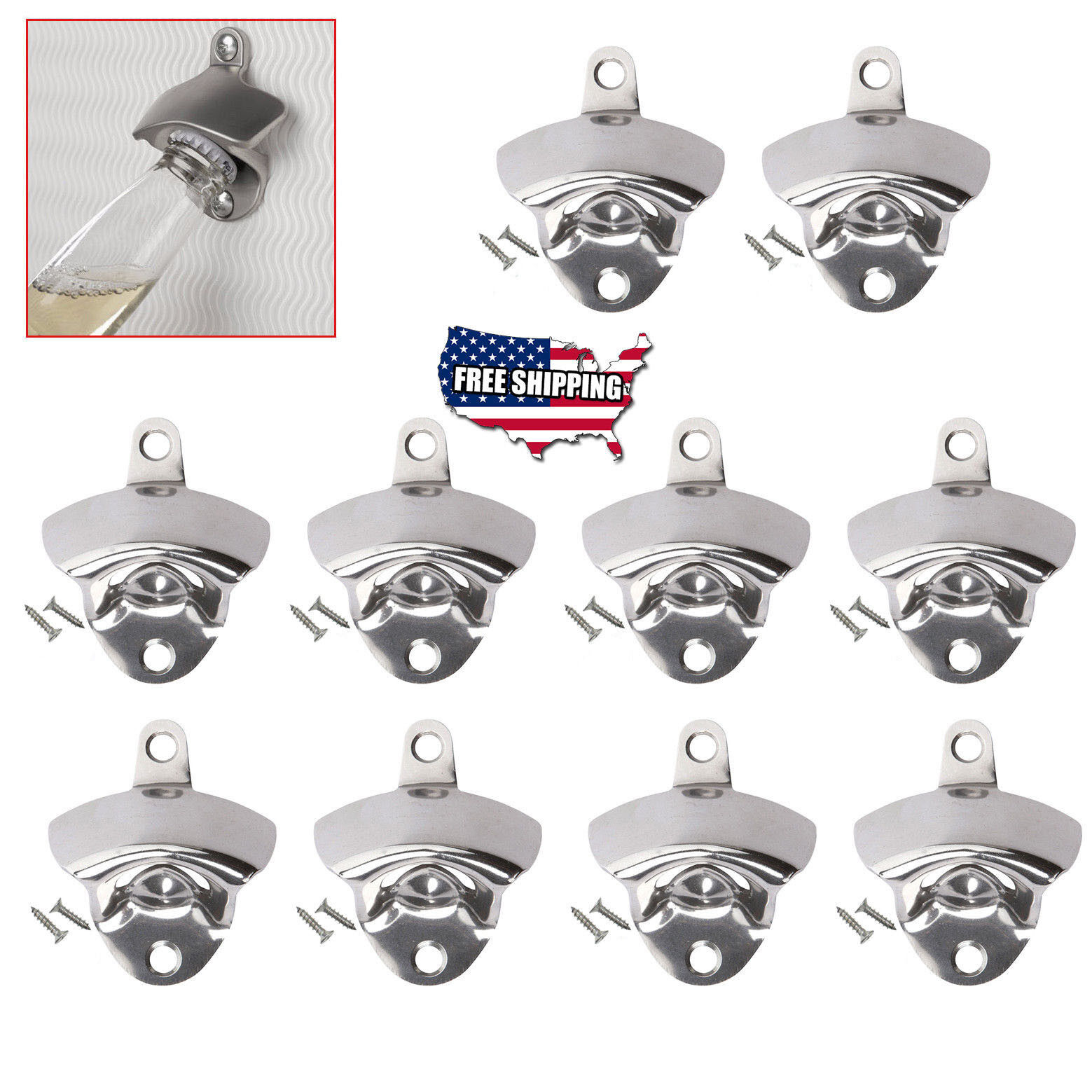 10 pcs NEW Stainless Steel silver Wall Mount Beer soda Bottle Opener with Screws Unbranded