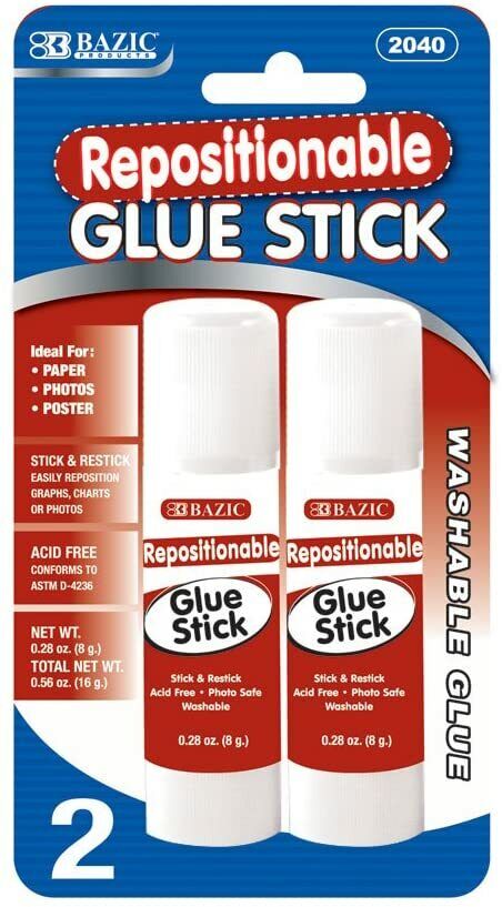 Repositionable Glue Sticks [2-Pack / Washable] Ideal for Paper/Photos/Posters BAZIC