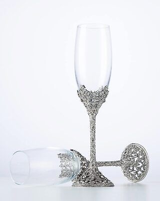 Champagne Flutes Crystal Glass Metal Base With Crystal Stones Set Of 2 Toasting Jozen Gift - фотография #3