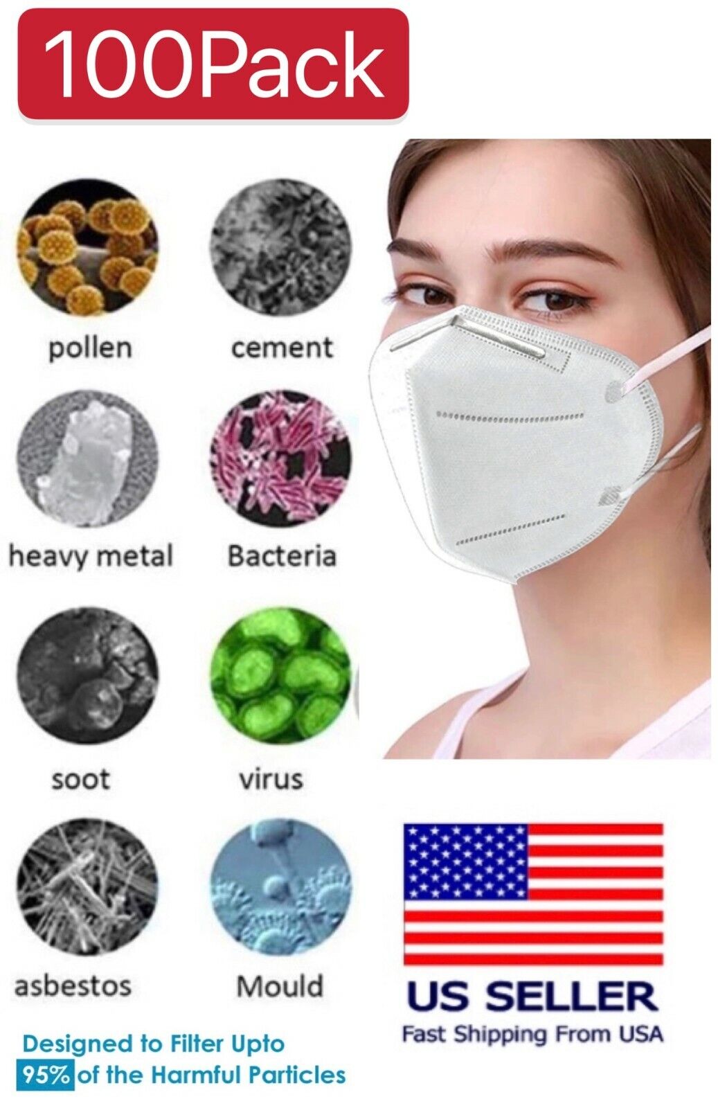 [100 PACK] KN95 Protective 5 Layer Face Mask BFE 95% PM2.5 Disposable Respirator Unbranded KN95-FACE-MASK-X100