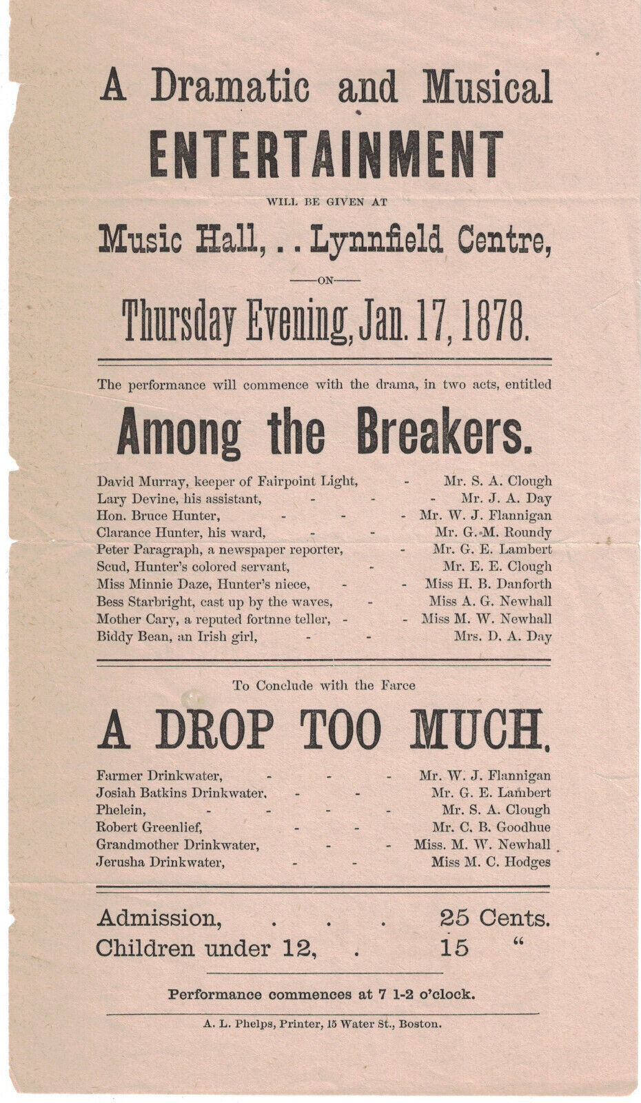 Dramatic and Musical Entertainment Program 1878 Lynnfield Centre MA Без бренда