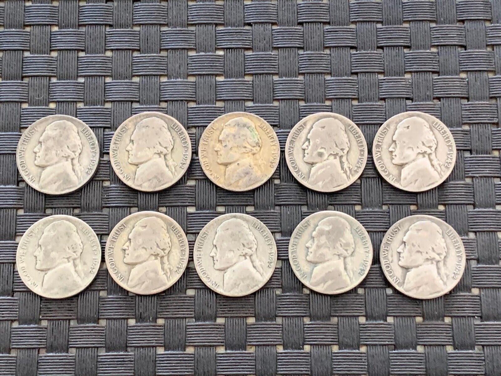 (10) 1942 P & S Jefferson Nickels (5 each) Без бренда