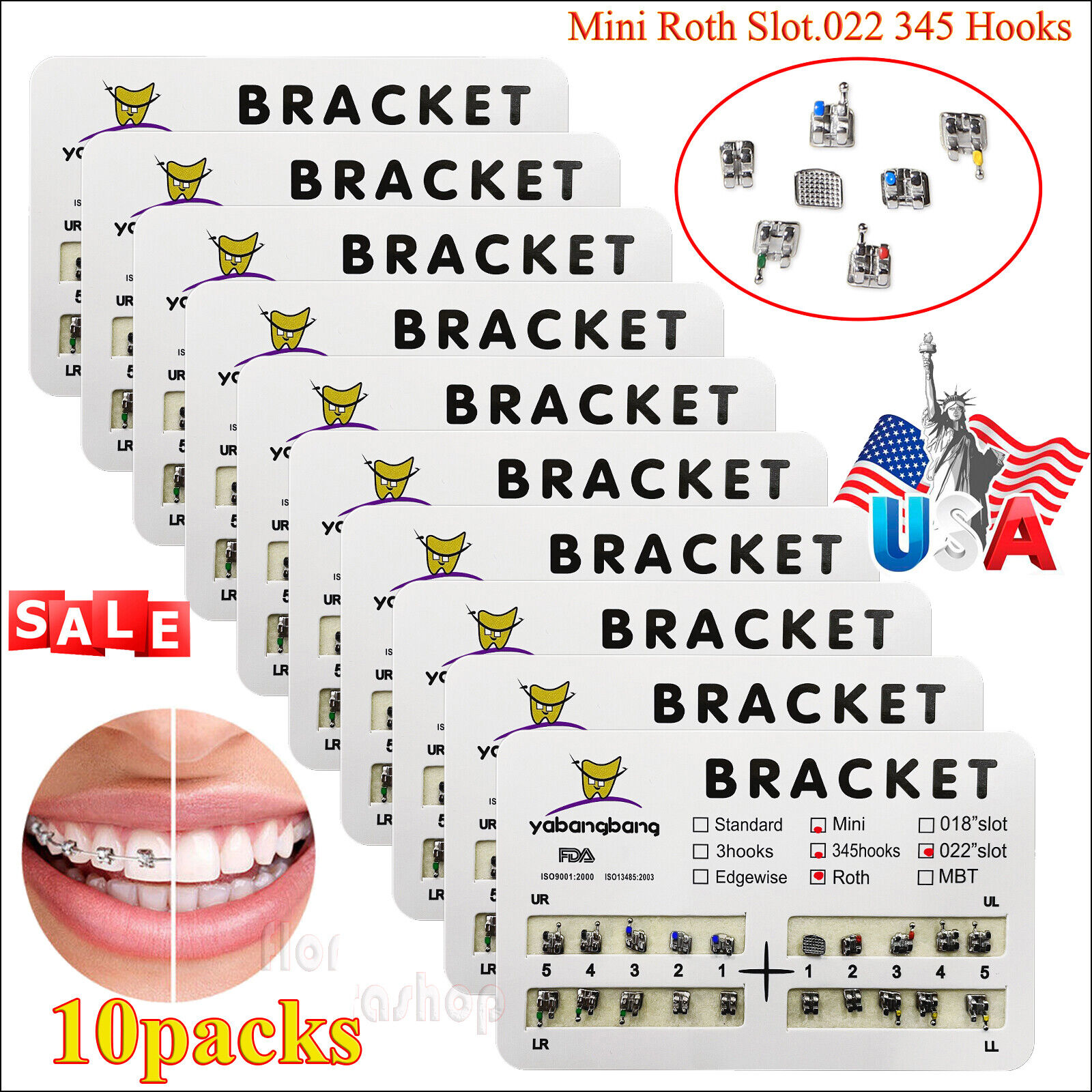10 packs Dental Orthodontic Brackets Braces Mini Roth Slot 022 345 Hook #2 200PC Yabangbang Does Not Apply