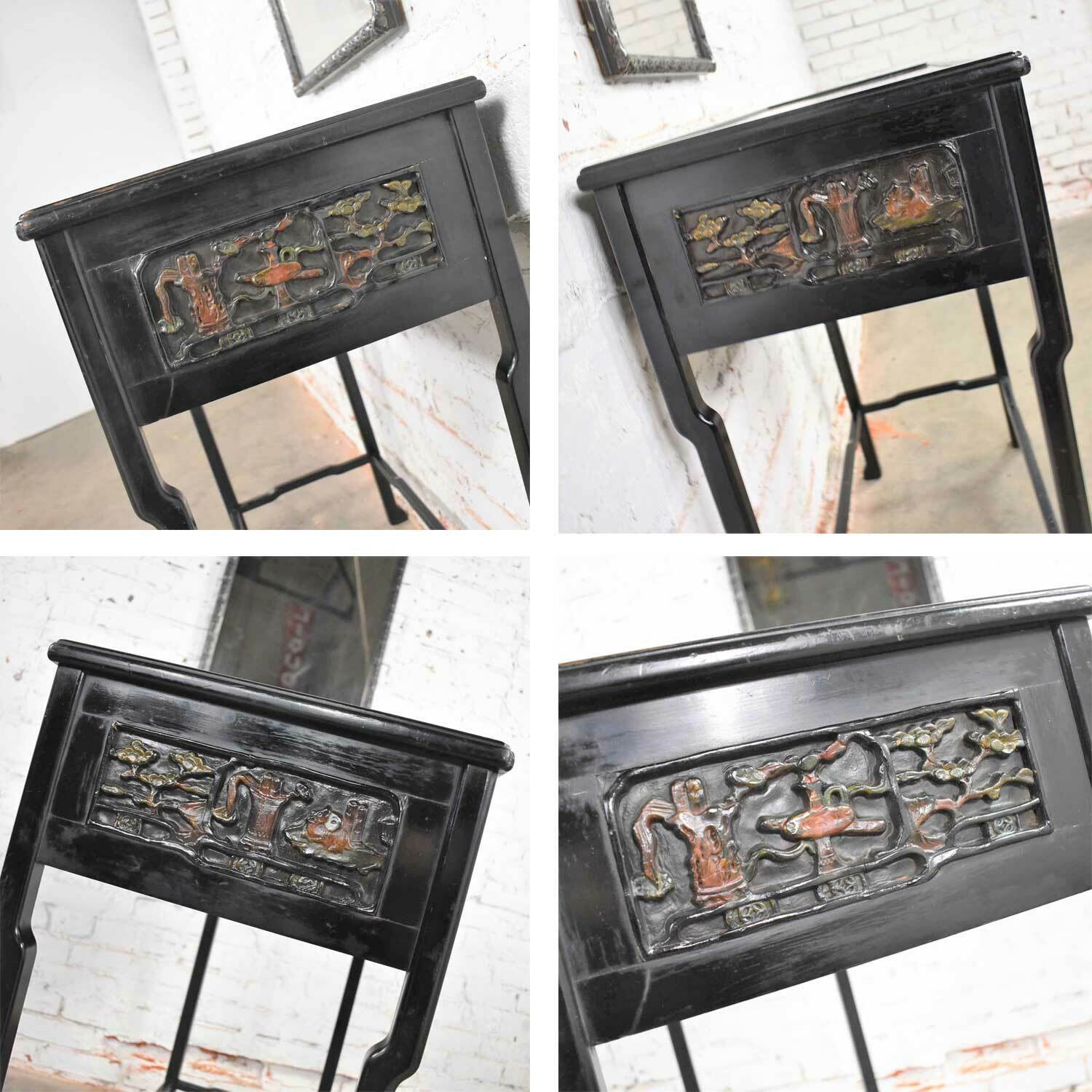Antique Lacquered Asian Console Table & Mirror w/ Hand Carved Lacquer Figures &  Без бренда - фотография #3